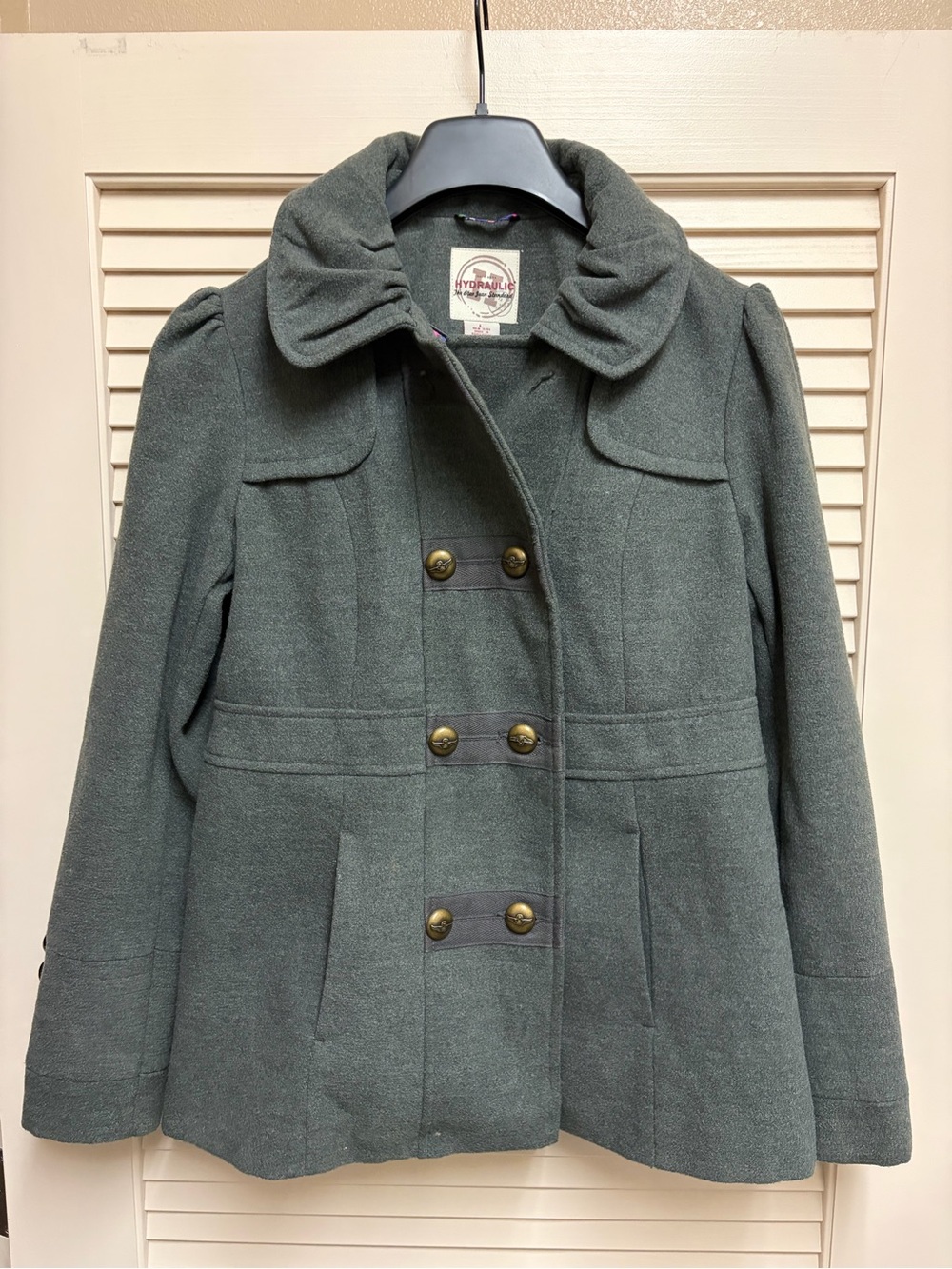 Hydraulic Womens L Gray Military Coat Floral Lined Puff Sleeve Button Jacket
